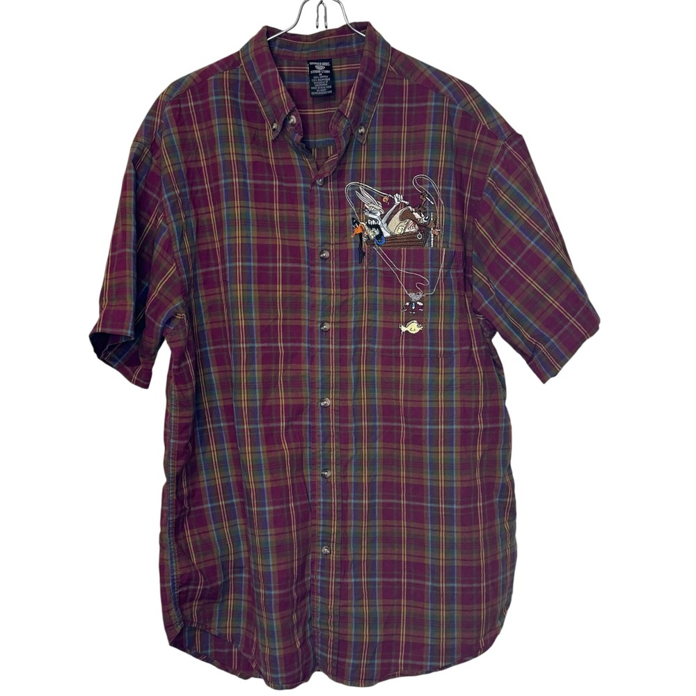 Warner Bros Mens Vintage 90s Looney Tunes Plaid Fishing Shirt Medium Wine Blue